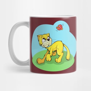 Funny Cat and Red Sparrow Mug